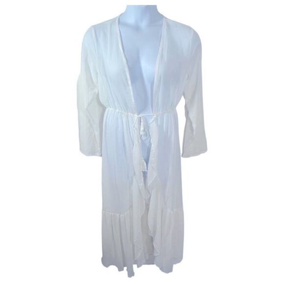 Shein White Sheer Ruffle Robe Large – Bridal, Lingerie, Beach Cover-Up - Picture 10 of 11
